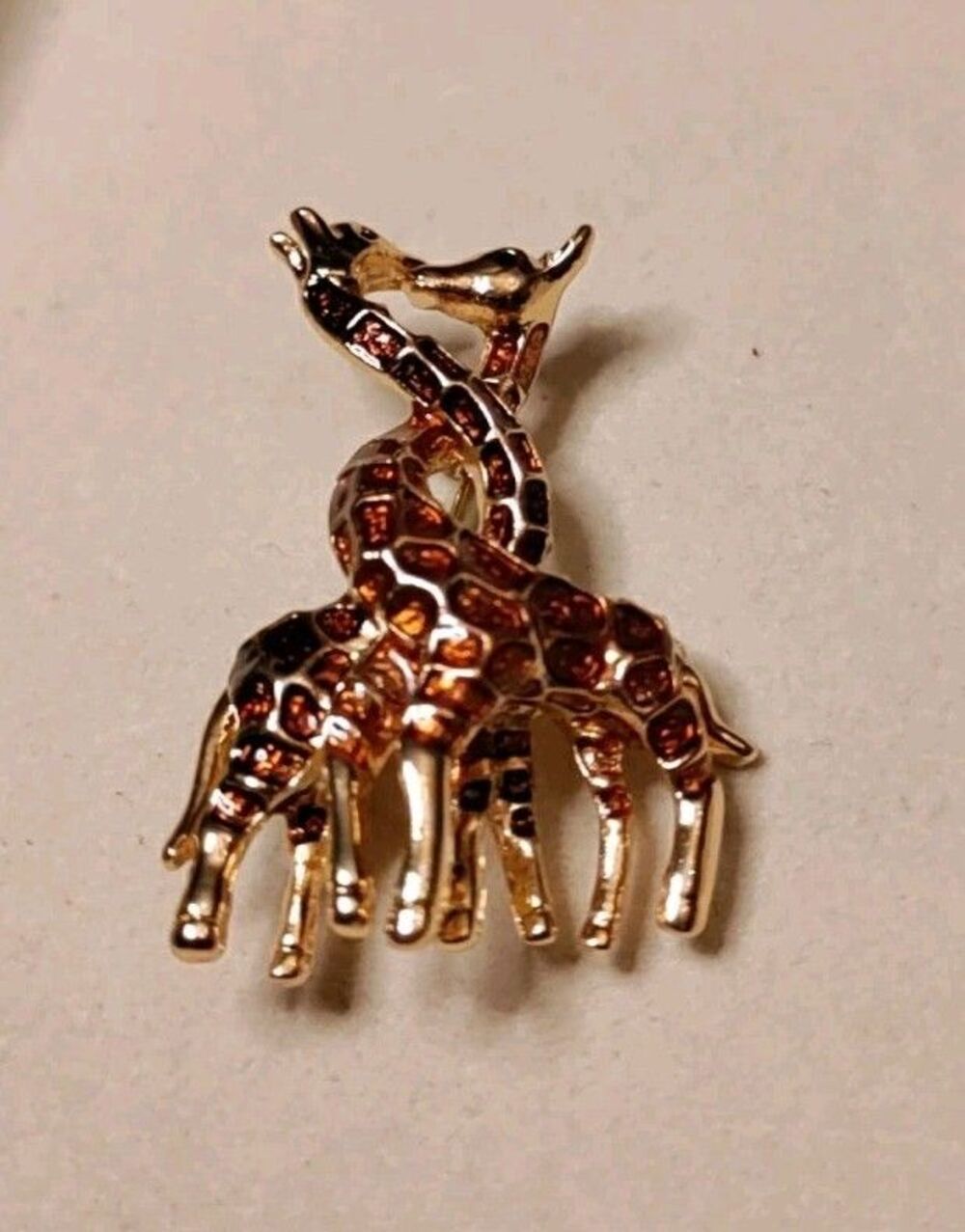 Twisted Neck Giraffes Brooch Gold Tone Brown Enamel